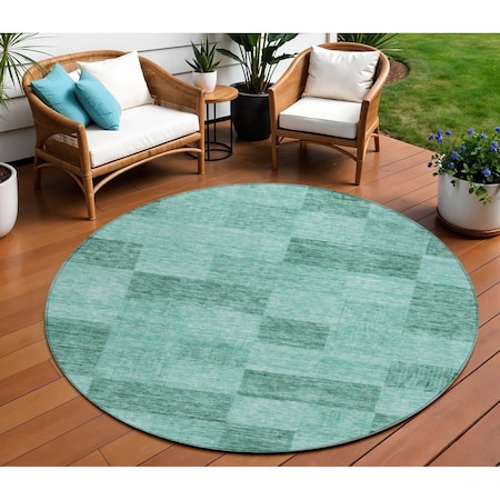 Homeroots 8' Blue And Aqua Round Geometric Washable Indoor Outdoor Area Rug 604895