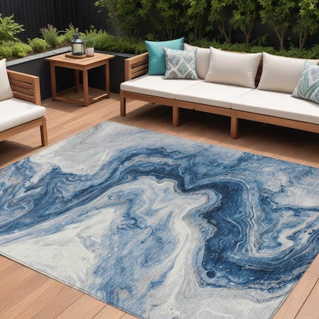 Homeroots 10' X 14' Navy Blue And Silver Abstract Washable Indoor Outdoor Area Rug 618339