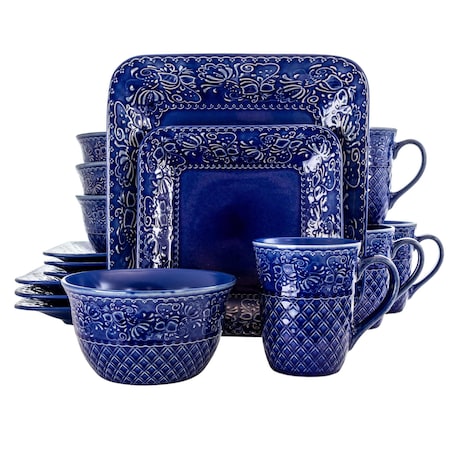 Elama Indigo Lotus 16 Piece Square Dinnerware Set EL-INDIGOLOTUS