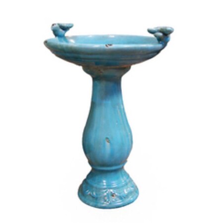 Alpine Corp . Antique Ceramic Bird Bath with 2 Birds -Turquoise TLR102TUR