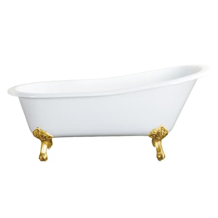 Kingston Brass 67" Cast Iron Oval Single Slipper Clawfoot Tub, No Faucet Drillings, White/Brushed Brass VCTND673122ZB7