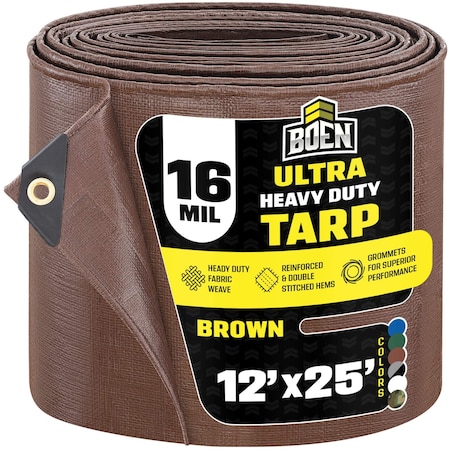 Boen Ultra Heavy Duty Tarp, 12 ft x 25 ft, 16 Mil, Brown, Polyethylene BR16T-1225