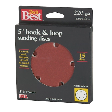Do It Best 5'' 220-Grit 5-Hole Pattern Vented Sanding Disc with Hook & Loop Backing, 15PK 380245