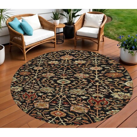 Homeroots 8' Black Brown And Red Round Floral Washable Indoor Outdoor Area Rug 603403