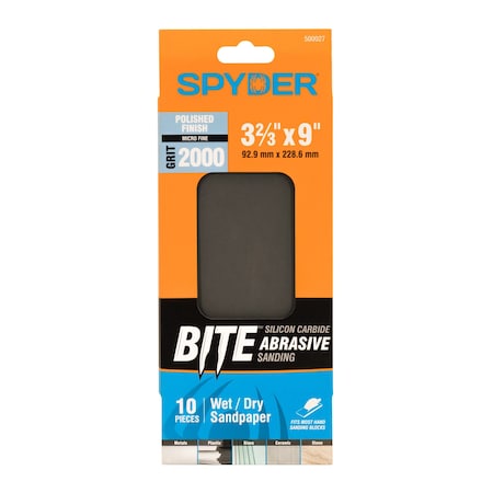 Spyder 3-2/3-Inch x 9-Inch 2000 Grit Silicon Carbide Wet/Dry Sandpaper Sheets, 10PK 500027