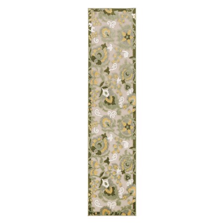 Homeroots 8' Ivory Dark Green And Yellow Floral Indoor Outdoor Runner Rug 548043