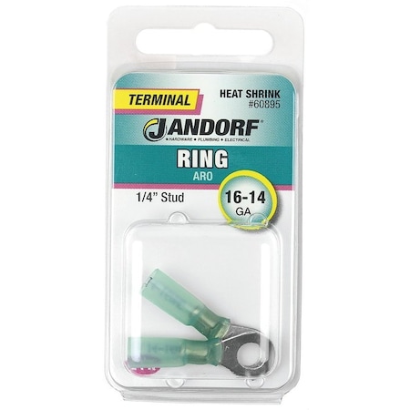 Jandorf Ring Terminal, 16 to 14 AWG Wire, 1/4 in Stud, Green 60895