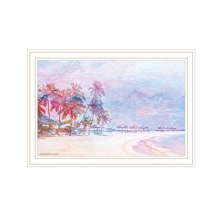 Homeroots Rainbow Bright Sandy Beach with Umbrellas White Framed Print Wall Art 529614