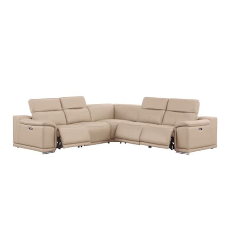 Homeroots Beige Leather Power Reclining L Shaped Five Piece Corner Sectional 643948