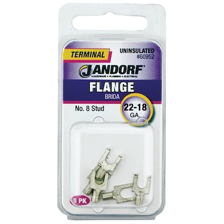 Jandorf Non-Insulated Flanged Spade Terminal, 22 to 18 AWG Wire, #8 Stud, Copper Contact 60952