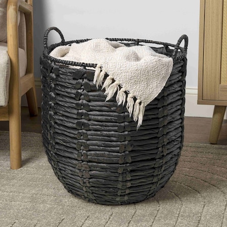 Happimess Laurel 19.49in Bohemian Hand-Woven Abaca Hamper Basket with Handles, Black BSK1003C