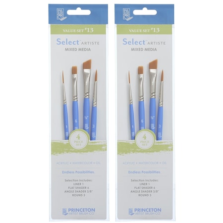 Princeton Select Artiste Brush Set No. 13, Synthetic Bristles, Short Handle Mixed Media, 4-Piece Set, 2PK P3750SET113
