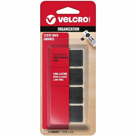Velcro Brand Reclosable Fastener Shape, Square, Acrylic Adhesive, 7/8 in, 7/8 in W, Black 90072