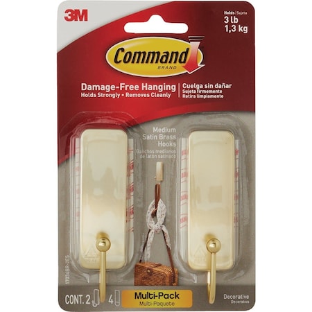 Command Medium Satin Brass Decorative Hook  2 Hooks 4 Strips 17034BR-2ES