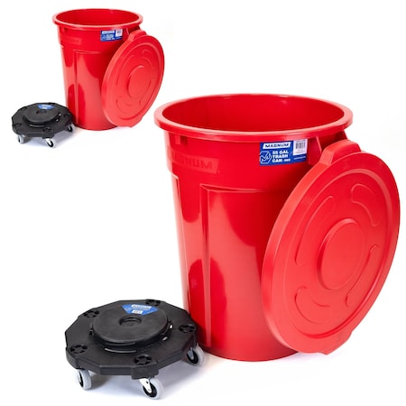 Magnum Tool Red 55 Gallon Trash Can Set (Trash Can, Quiet Dolly, and Reinforced Lid) (2 Set) CMTC-CLD0-55R02