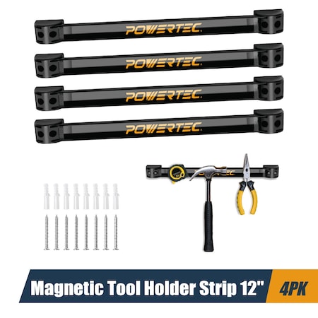 Powertec Magnetic Tool Holder Strip 12", Metal Magnet Tool Bar Organizers, 4PK 71965