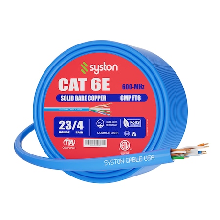 Syston Cable Technology Cat 6e Ethernet Data Cable Bulk, 100ft Blue, 600MHz 23AWG Solid Copper, CMP Plenum-Rated for PoE BULK1259-100BL