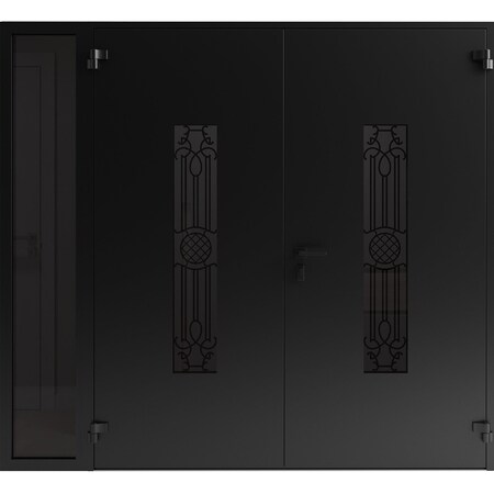 Vdomdoors Front Exterior Prehung Aluminum Double Doors Ronex1477 Black Enamel 1 Sidelight Mirrored Clear RONEX1477DEXD-BLK-W72+14xH80-LH-I