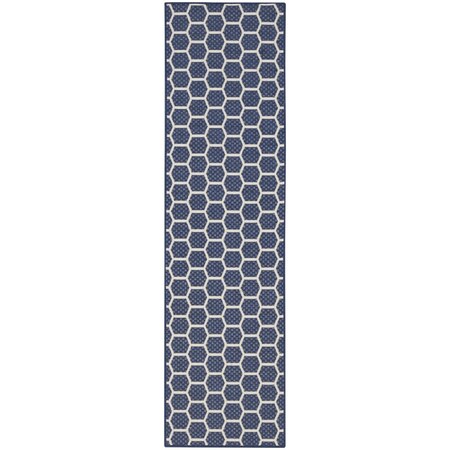 Homeroots 10' Navy Blue And Ivory Geometric Indoor Outdoor Runner Rug 564061