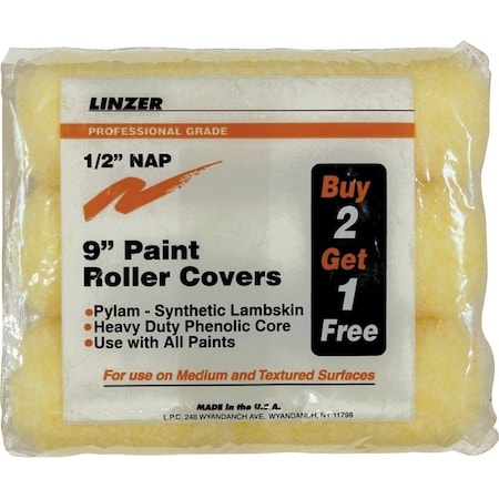 Linzer Paint Roller Cover, 1/2 in Thick Nap, 9 in L RS1443