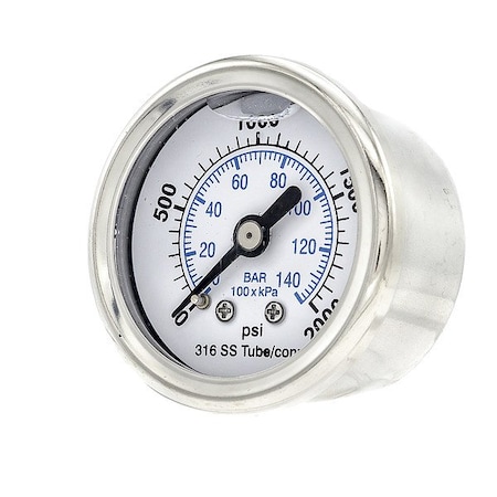 Zoro Select Pressure Gauge, 1/8 in NPT, Center Back Location PRO-302L-158O-01