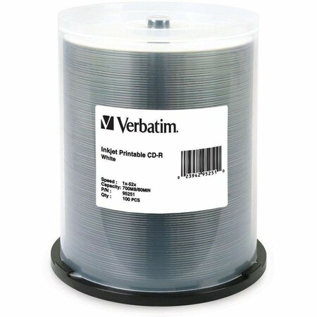 Verbatim 100PK CD-R 80MIN 700MB 52X WH IJ PRT SP, 100PK 95251