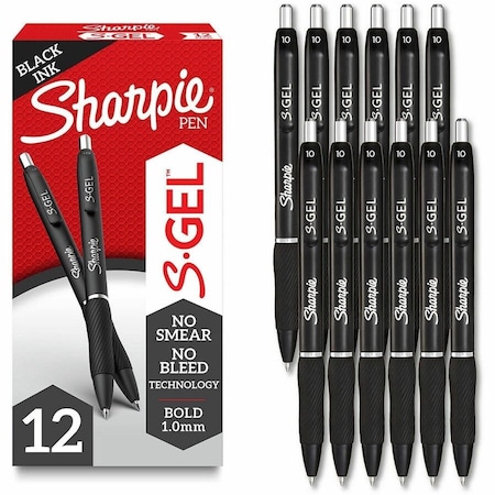 Sharpie S-Gel High-Performance Gel Pen, Retractable, Bold 1 mm, Black Ink, Black Barrel, PK12 PK 2096149