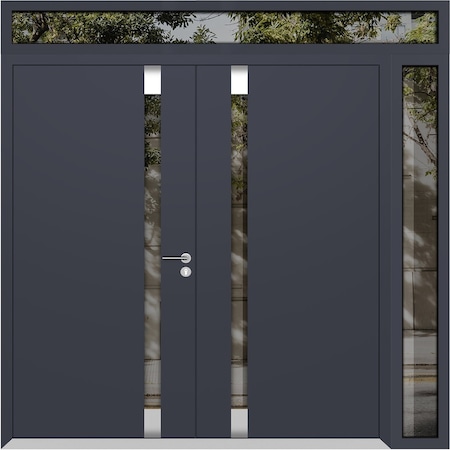Vdomdoors Aluminum Double Doors Cynex 6777 Grey 1 Sidelight and Top Transom Mirrored Clear Glass Modern Paint CYNEX6777DEXD-GRE-W72+14xH80+12-LH-O