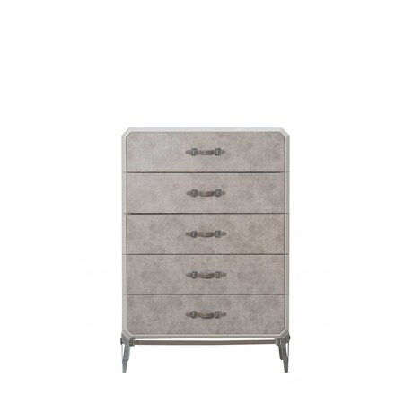 Homeroots 18" X 35" X 52" Vintage Beige Pu Wood Upholstered (Front) Metal Leg Veneer (Melamine) Chest 347165