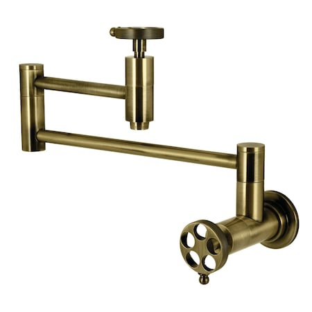 Kingston Brass Wall Mount Pot Filler Faucet with Knurled Handle, Antique Brass KS8103RKZ