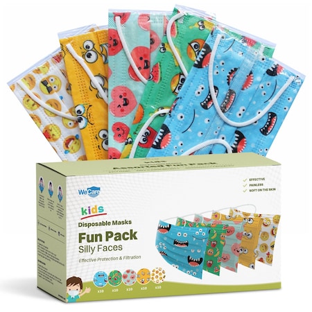 Wecare Kids Disposable Face Mask, 3, Silly Face Print, Kids, 50 PK WMN100098