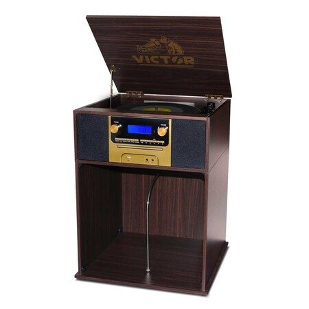 Abacusabaco Victor Boyleston 7-in-1 3-Speed Turntable Music Center w Album Storage and USB Port Espresso AB3543629