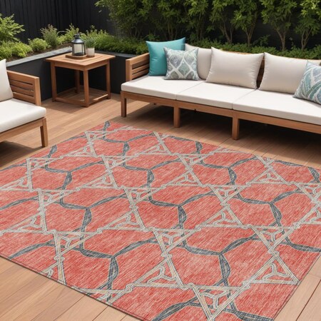 Homeroots 8' X 10' Coral And Taupe Geometric Washable Indoor Outdoor Area Rug 613491