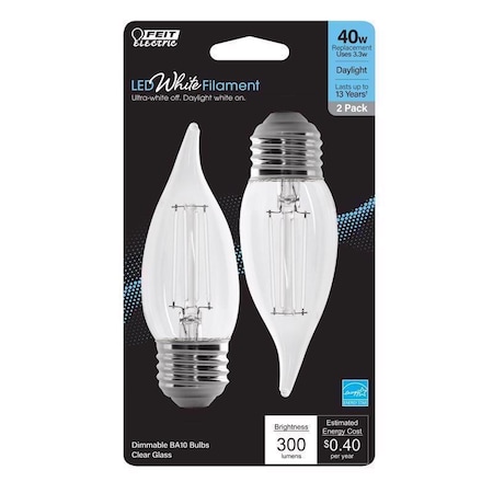 Feit Electric White BA10 E26 (Medium) Filament LED Bulb Daylight 40 Watt Equivalence, 2PK BPEFC40950WFIL2