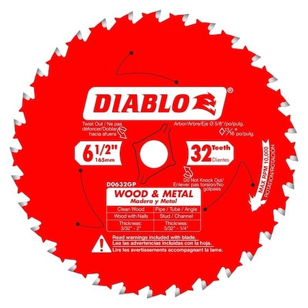 Diablo Circular Saw Blade, 6-1/2 in Dia, 5/8 in Arbor, 32-Teeth, TiCo Cutting Edge D0632GPX