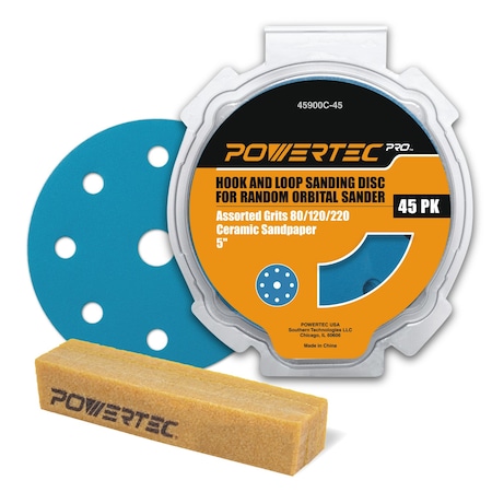 Powertec 5in 9 Holes Hook and Loop Assorted Sanding Disc, Ceramic, 80/120/220 Grit & Abrasive Cleaning Stick 45901CN