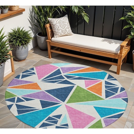 Homeroots 8' Dark Blue Green And Pink Round Geometric Washable Indoor Outdoor Area Rug 600410