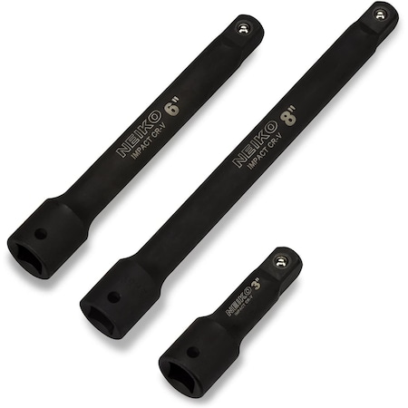 Neiko 0.5 in Drive CrV Steel Impact Extension Bar Set, 3-Pieces, 3 in, 6 in, 8 in Size 00237A