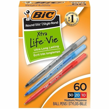 Bic Xtra Life Round Stic Ballpoint Pen, Assorted Colors, 60PK GSM609AST
