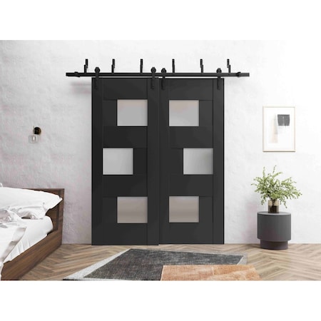 Vdomdoors Sliding Closet Barn Bypass Doors 48 x 80in, Matte Black W/ Frosted Glass, Sturdy 6.6ft Rails SETE6933BBB-BLK-48