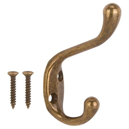 Prosource Coat and Hat Hook, 22 lb, 2-Hook, 1-1/64 in Opening, Zinc, Antique Brass H6271007AB-PS