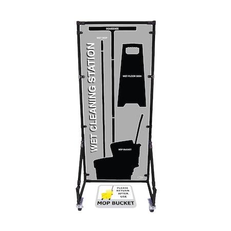 5S Supplies Housekeeping Shadow Board Broom Station V15, Gray / Black, Kit + Stand HSB-V15-GRAY/BLACK-KIT-STAND