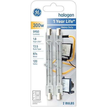 Ge Halogen Bulb, 300 W, R7S Lamp Base, T2.5 Lamp, Clear Light, 5950 Lumens, 2950 K Color Temp, 2PK 85047