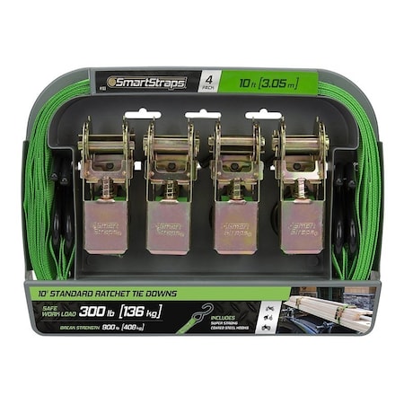 Smartstrap Tie-Down, Ratchet, 1 in W, 10 ft L, Steel, Green, 300 lb, S-Hook End Fitting, Steel End Fitting 153