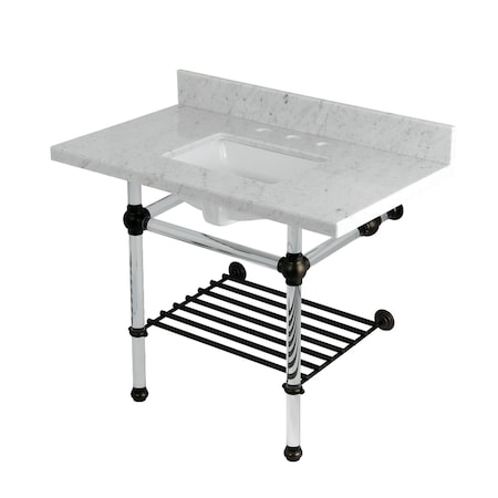 Kingston Brass 36-Inch Carrara Marble Console Sink with Acrylic Legs and Shelf, 8-Inch, 3-Hole KVPB3630MASQB5