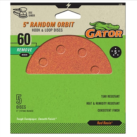 Gator Finishing Red Resin 5 in. Random Orbit Hook and Loop Sanding Discs, 60 Grit, Medium, 5PK 3785