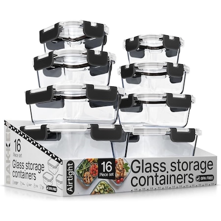 Bakkenmaster Borosilicate Glass Food Storage Containers with Lids, BPA-Free, Airtight and Leak-Proof, Black, 16PK EMPGFCL448BK