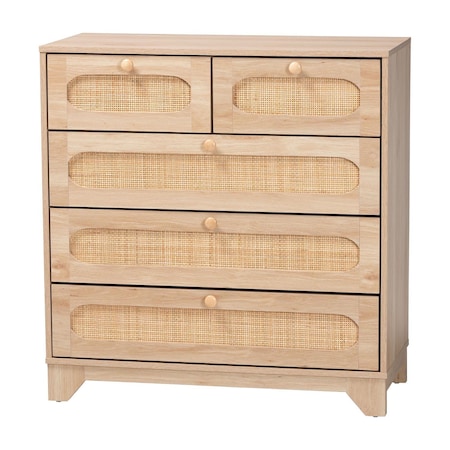 Baxton Studio Elsbeth Mid-Century Modern Oak Brown Finished Wood and Natural Rattan 5-Drawer Storage Cabinet 226-12954-ZORO