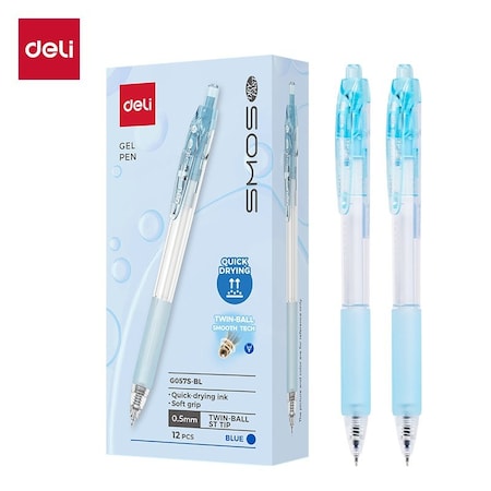 Deli SMMOS Retractable Gel Pen 0.5mm, Blue Ink, 600m, 12PK EG057-BL