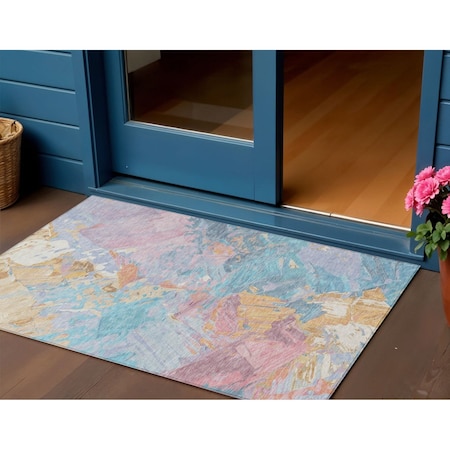 3' X 5' Teal Blue Gold And Pink Abstract Washable Indoor Outdoor Area Rug